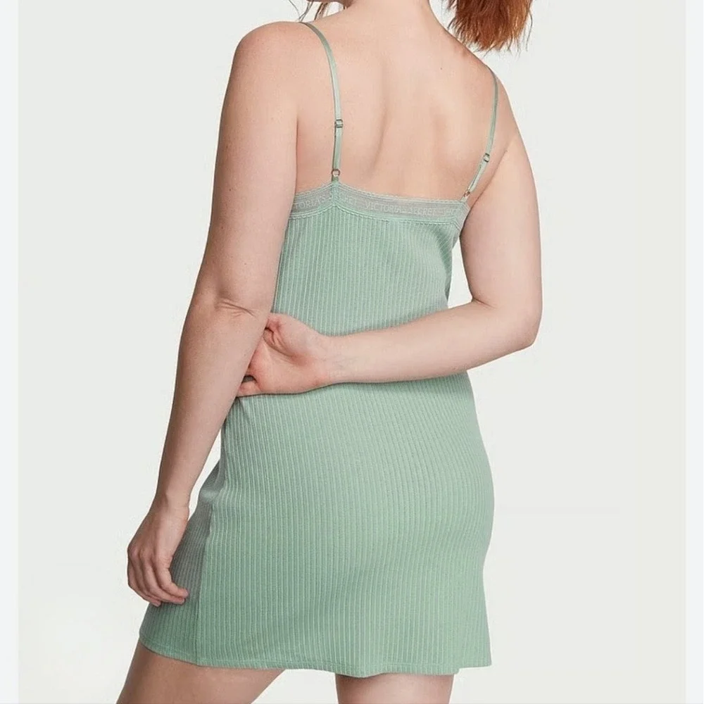 Victoria's Secret Light Sea Green Ribbed Lace Tank Top Sleepwear Nightgown Dress